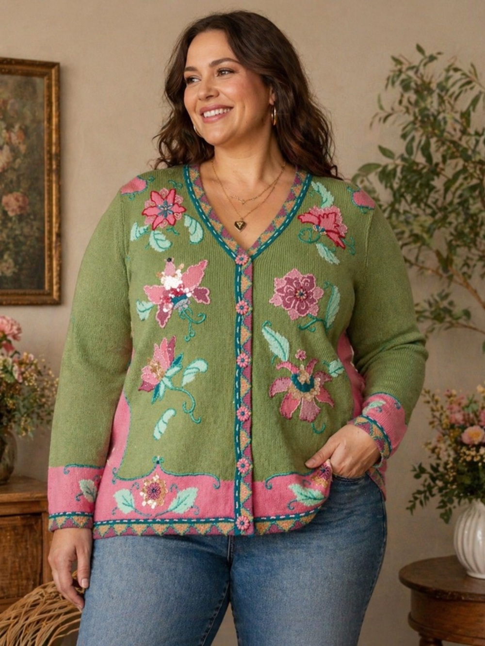 STORYBOOK KNITS Vintage Floral Embroidered Cardigan Sweater Beaded Accents 1X